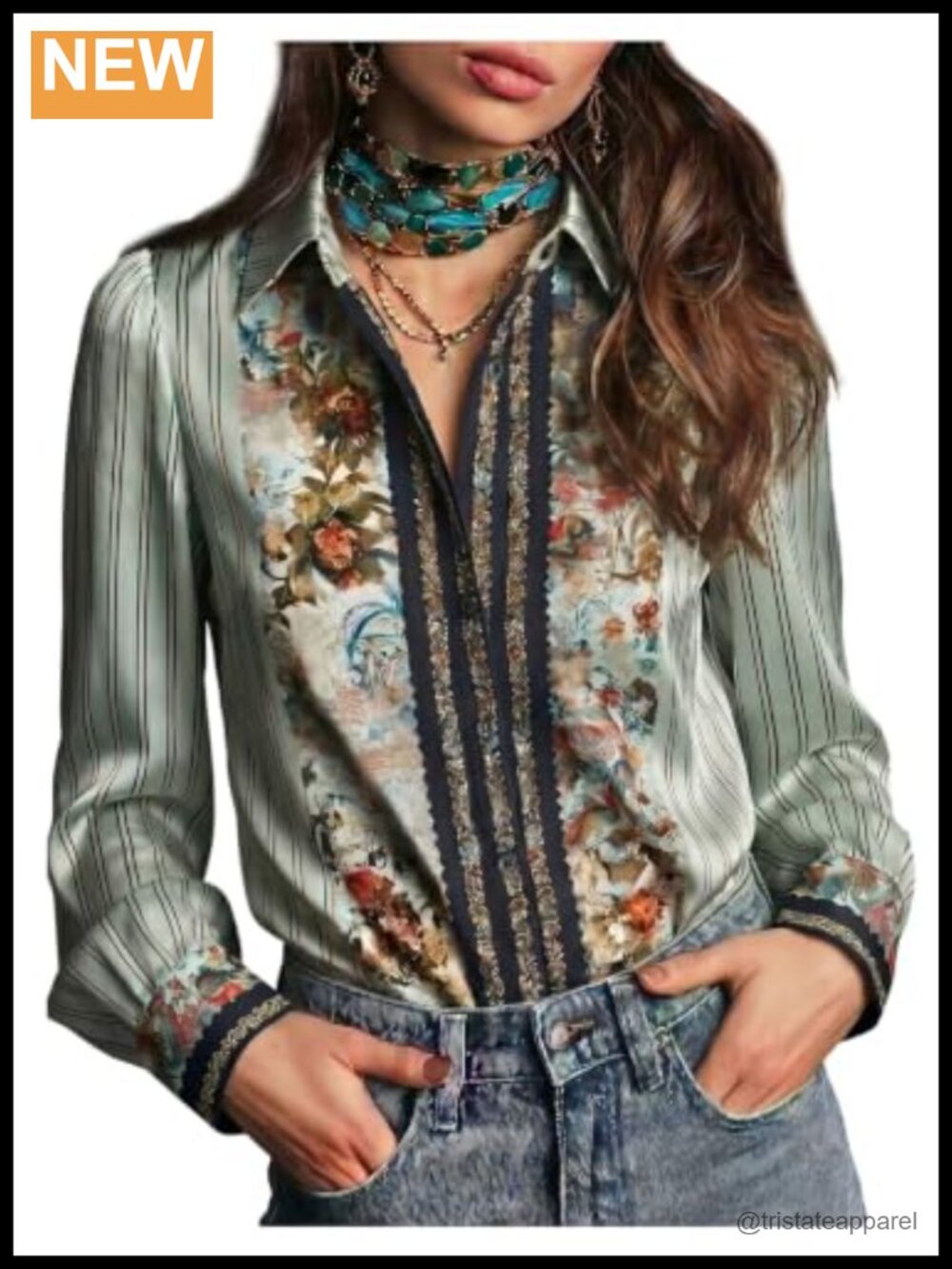 Floral Striped Satin Long Sleeve Button Down Shirt Blouse